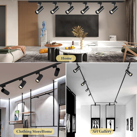 Collage of a modern living room with track lights, furniture, and decor elements.