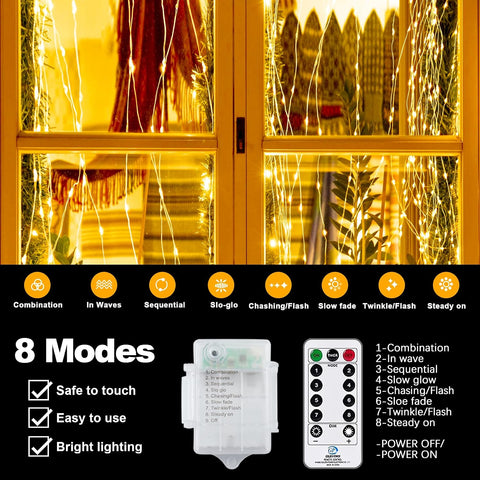300 LED 3m x 3m Battery Operated Curtain Lights – Warm White Indoor Fairy Lights with 8 Modes, Adjustable Brightness & Remote Control