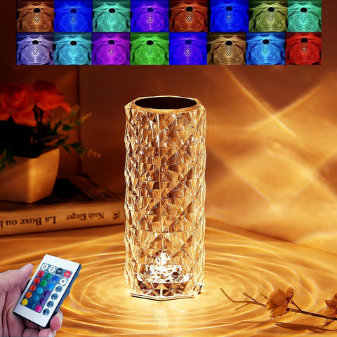 Crystal Diamond Rose Table Lamp, RGB LED Night Light with Touch and Remote Control, Bedside Lamps Nightstand Lamps, Dimmable, USB Rechargeable, Romantic Lighting Decoration for Bedroom, Office, Dating