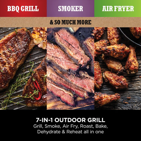 Woodfire Electric BBQ Grill & Smoker – 7-in-1 Outdoor Grill, Air Fryer, Roast, Bake, Dehydrate, Portable, Grey/Black