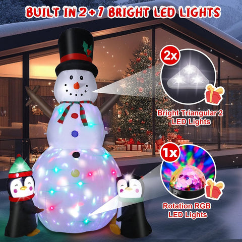 8FT Christmas Inflatable Snowman with Penguins & Rotating LED Lights – Snowman-2