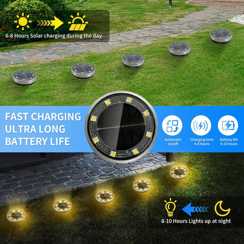 Jsdoin 6PCS Solar Floor Lights Outdoor, 8 LED Lights Waterproof Outdoor Light, IP68 Garden Light Stainless Steel Solar Lamp for Walkway, Terrace, Outdoor, Lawn, Entrance (Warm)