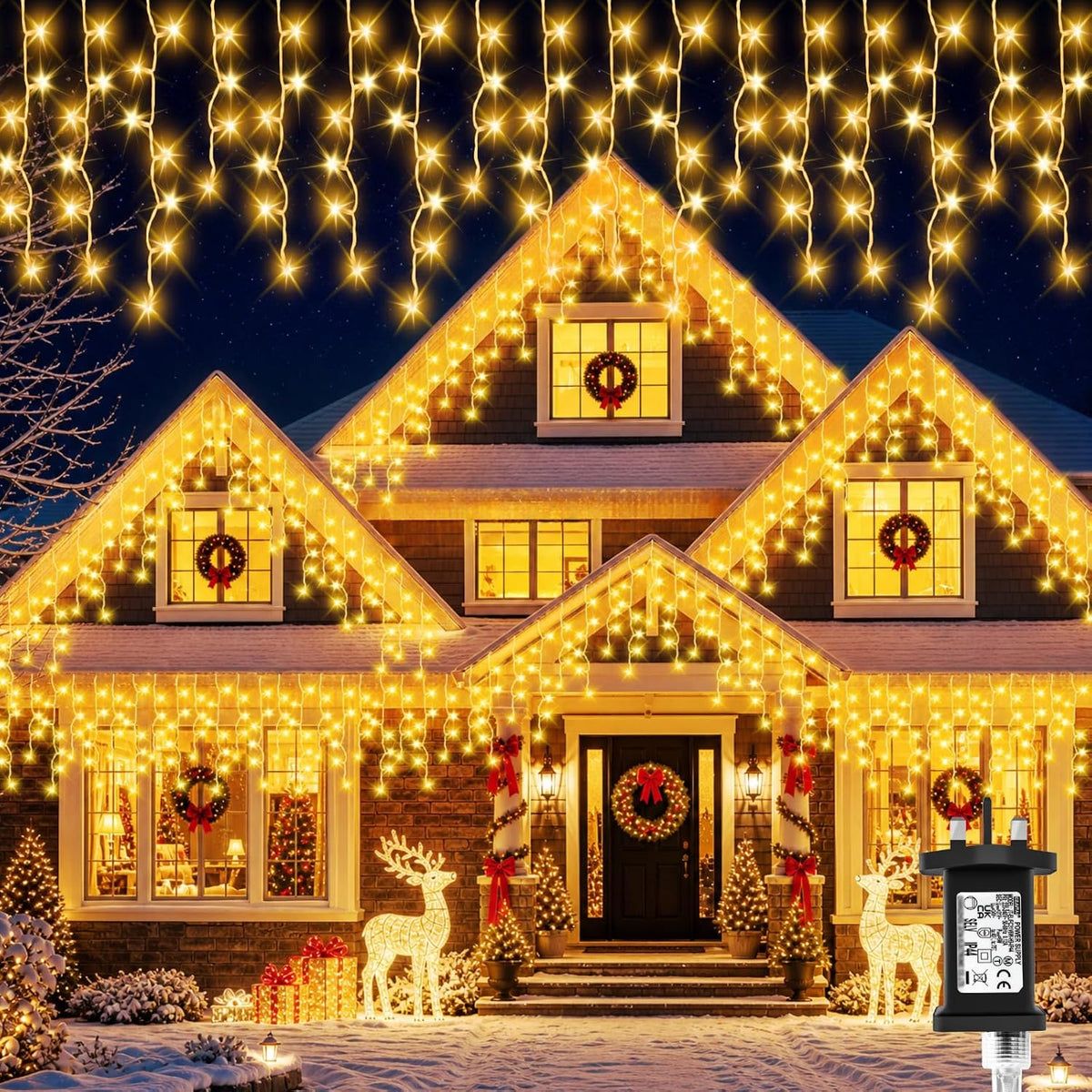 20M 480LED Warm White Icicle Christmas Lights – Outdoor Mains Powered with Timer, Memory & 8 Modes - Turn Your Roofline Into a Winter Glow