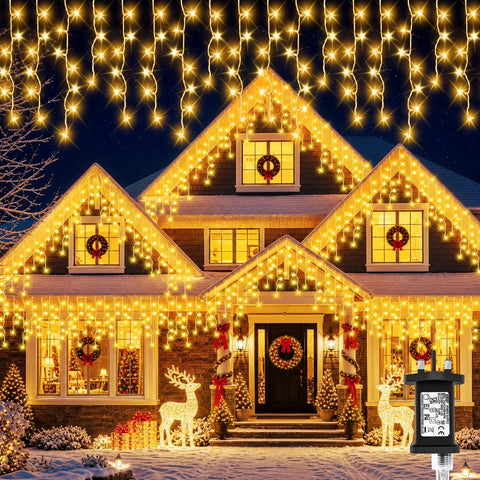 20M 480LED Warm White Icicle Christmas Lights – Outdoor Mains Powered with Timer, Memory & 8 Modes - Turn Your Roofline Into a Winter Glow