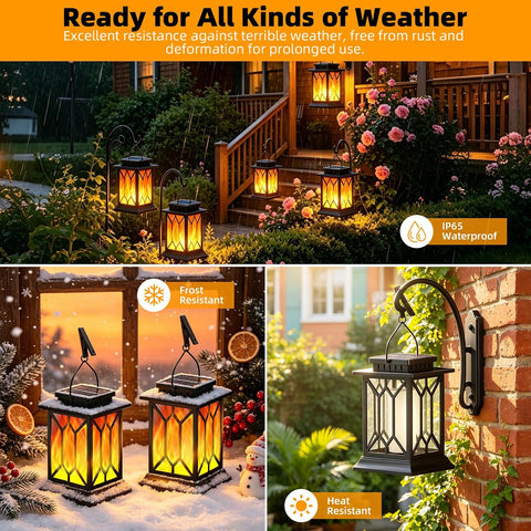 Solar Lanterns Outdoor Garden, 2 Pack Hanging Solar Garden Lanterns with Realistic Flickering Flame, IP65 Waterproof Decorative Solar Garden Ornaments for Yard , Pathway, Patio | 2 Lighting Modes