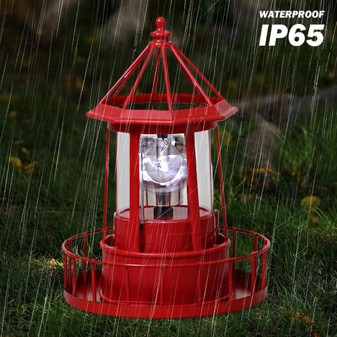 Solar Lighthouse Lamp Auto 360° Rotation Lighthouse Light Waterproof Decorative Metal Solar Garden Lights for Balconies Garden Decorations 5.9x8.3 Inch Red, Pathway Lighting