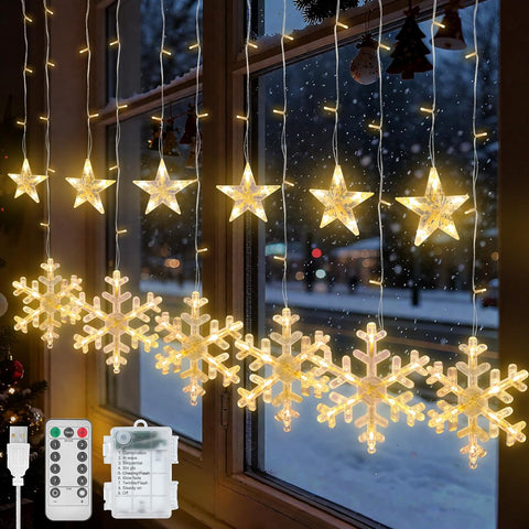 Christmas Window Curtain Lights 3.5M, 138 LED Stars & Snowflake Fairy String Lights with 8 Flashing Modes, USB & Battery Operated Warm White Christmas Tree & Wedding Decor