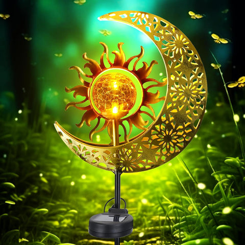 Solar Lights Outdoor Garden, Solar Moon Fairy Lights with Crackle Glass Globe, Garden Ornaments Lights Solar Powered Waterproof for Patio, Yard, Pathway & Lawn, Unique Gardening Gifts for Women