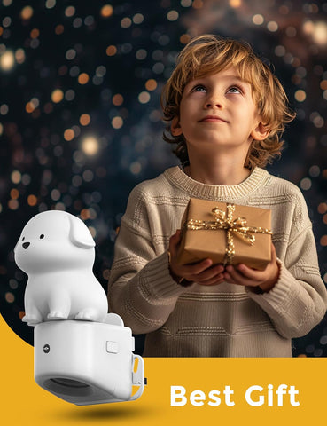 Child holding a gift box with a white dog-shaped device on a dark background