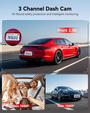 REDTIGER A3 3-Channel 2.5K Dash Cam with WiFi and Night Vision