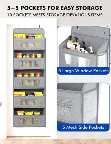 Meolsaek Over The Door Storage Organiser – 5-Tier Hanging Storage with 10 Pockets, Anti-Tilt Design, Beige