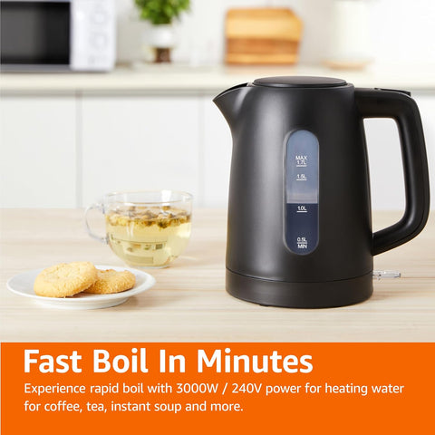 Basics Electric Kettle 1.7L – 3000W Fast Boil, BPA-Free, 360° Swivel Base, Auto Shut-Off, Removable Filter – Matte Black