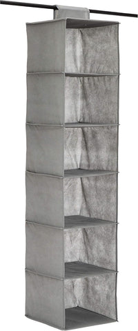 Amazon Basics 6-Tier Hanging Wardrobe Organiser, Grey Fabric Closet Shelf with 6 Compartments, Space-Saving Clothes and Accessories Storage for Bedrooms