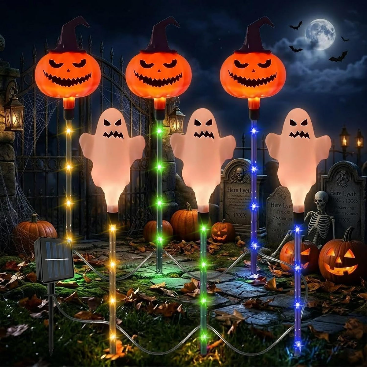 5 Pack Christmas Outdoor Powered Stake Lights, Battery Operated, Waterproof LED Christmas Pathway Lights for Yard Patio Garden Decoration (White Ghost + Pumpkin)