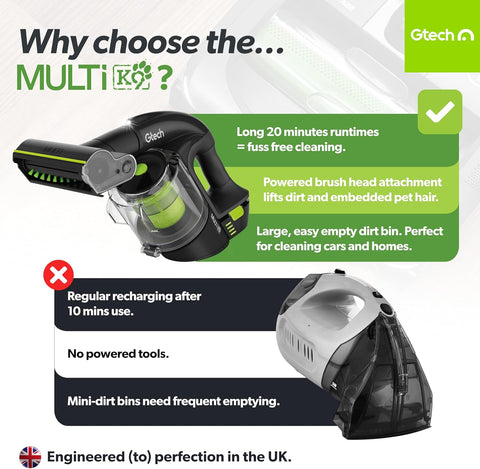 Gtech Multi MK2 K9 Cordless Handheld Vacuum Cleaner – 22V Li-ion Battery, Powered Brush Bar, Reinforced Aluminium Design for Pet Hair & Car Cleaning
