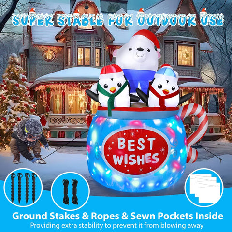 6FT Christmas Inflatable Polar Bear & Penguins Decoration with LED Lights