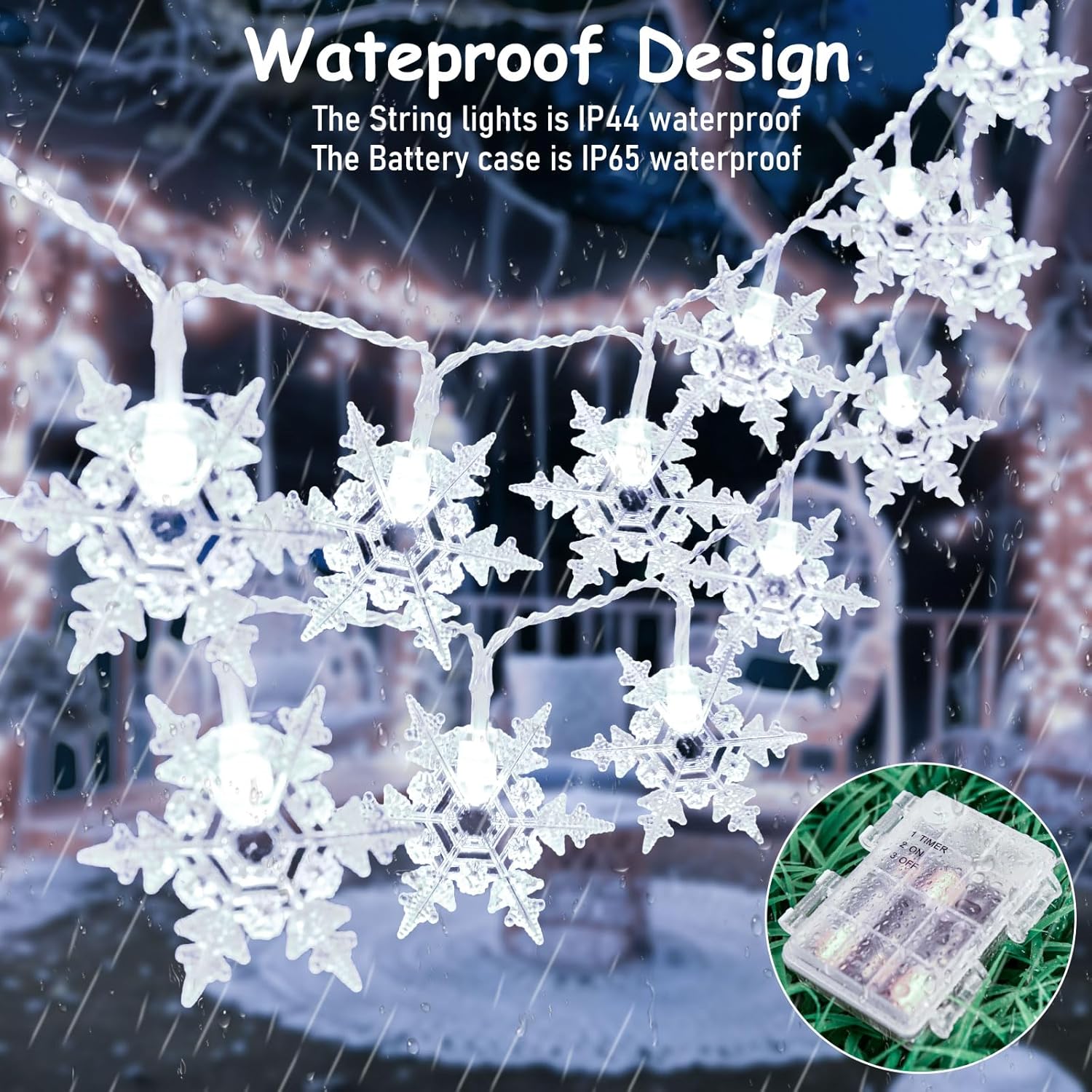 Snowflake string lights with waterproof design features in a snowy outdoor setting.