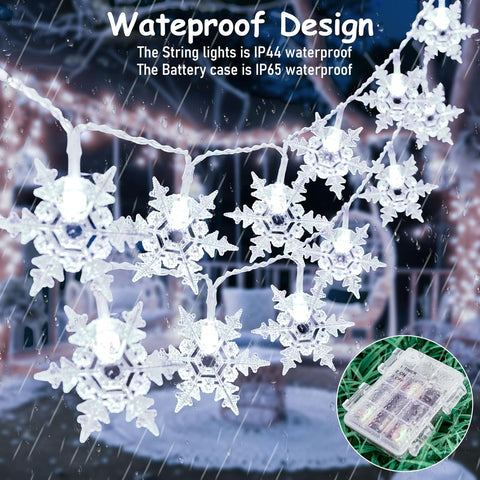 Snowflake string lights with waterproof design features in a snowy outdoor setting.