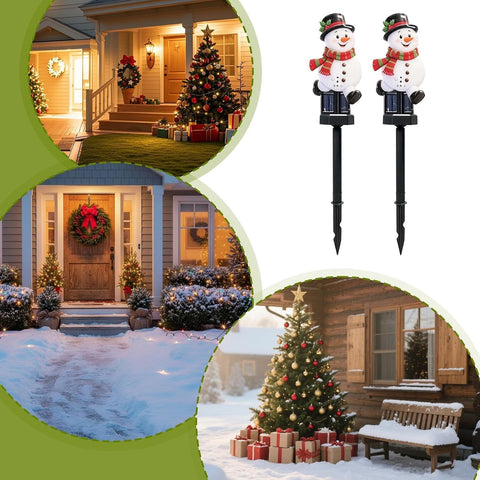 Solar Christmas Snowman Pathway Lights - 2 Piece Weatherproof LED Stake