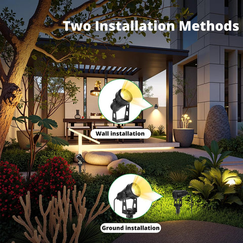Garden Spotlights Mains, 14 M, 4-in-1 Outdoor LED Spotlight, Warm White, 3000 K, 12 V, IP65 Waterproof Garden Uplighter, Landscape Floodlight for Patio, Party, Outdoor, Trees, Lawn