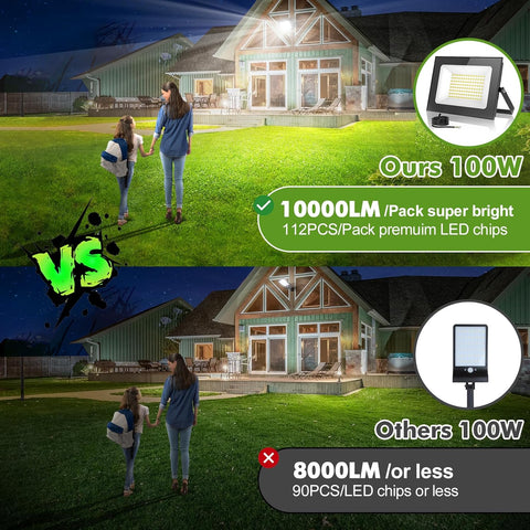 100W LED Floodlight Outdoor 2 Pack 10000LM Security Lights IP65 Waterproof