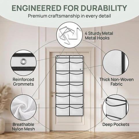 Lyyixbix Hanging Storage Organiser, 10 Extra-Large Mesh Pockets, 126 × 55cm, Grey and White Over Door Shoe Rack with 4 Hooks for Clothes, Toys and Bathroom Essentials