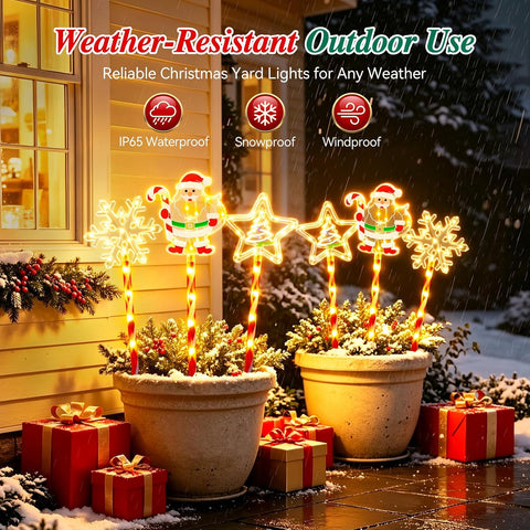 GEARLITE Solar Christmas Lights 6Pack Santa Snowflake Star Candy Cane Light