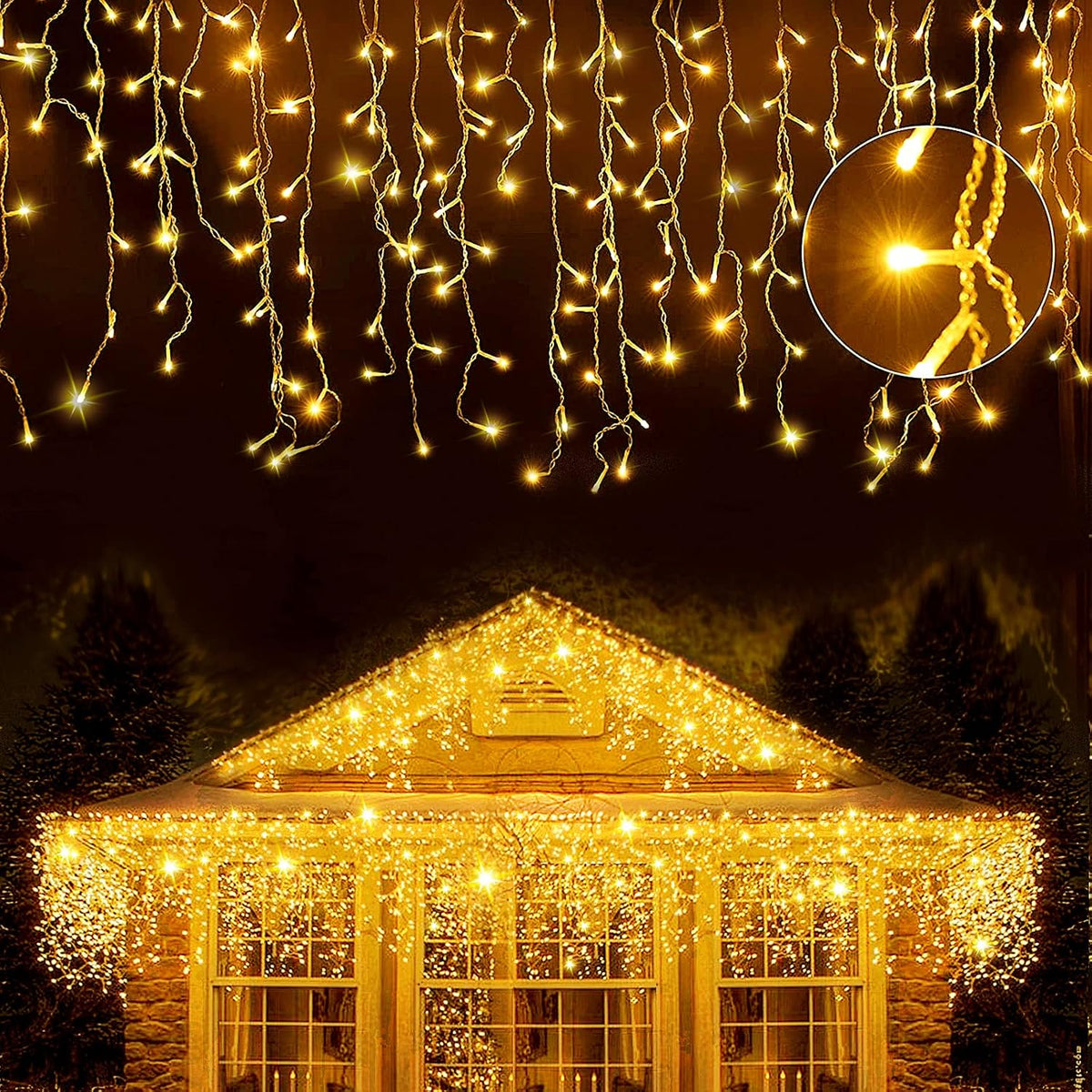 220LED Gresonic Icicle Lights 7.5m Warm White – 8 Modes, Timer & IP44 Outdoor Christmas String Lights - Turn Blank Walls Into a Warm Festive Glow