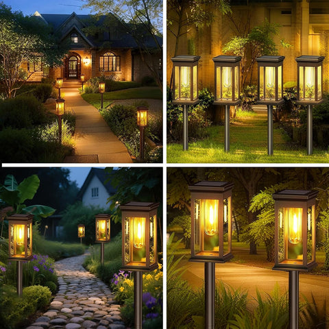 Hqynss Solar Garden Lights Outdoor, 4 Pack Upgraded Tungsten Glow LED Pathway Lights, IP65 Waterproof, Auto On/Off, Adjustable Height for Garden, Patio, Yard, Walkway, Warm White