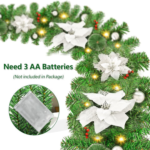Christmas Garland with LED Lights 9ft Silver White