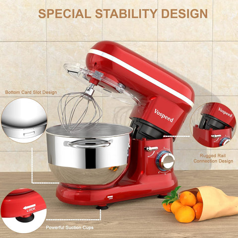 Vospeed 1500W Stand Mixer 6.2L Electric Food Mixer with Bowl, Beater, Dough Hook, Whisk, Spatula & Egg Separator – Red