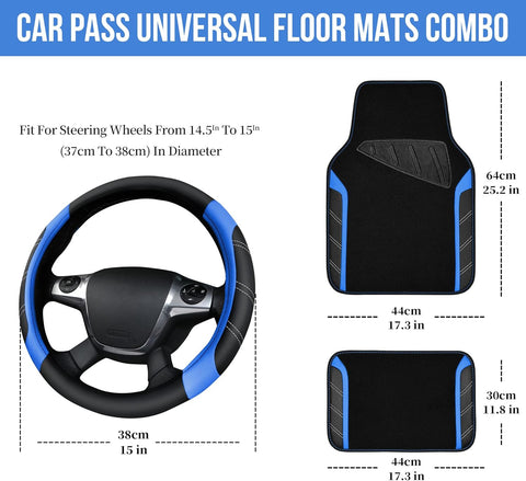 CAR PASS Leather Steering Wheel Cover and Waterproof Car Floor Mats Combo