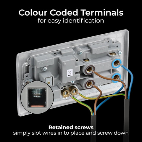 BG Electrical Cooker Switch with Socket and LED, Cooker Control Unit, Control Socket, Double Pole, Raised Profile, Round Edges, Nexus Metal, Brushed Steel, Grey Inserts, 45A, NBS70G