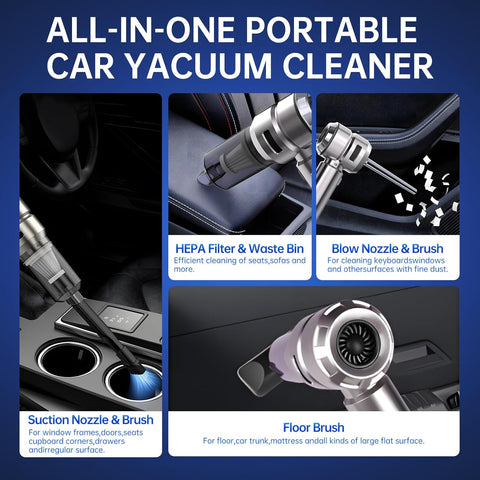 Handheld Mini Vacuum 4-in-1 Cordless Silver, 23000PA Powerful Car Cleaner