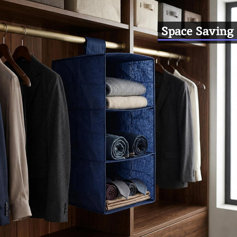 Premier Housewares 3-Section Hanging Garment Organiser, Blue – Lightweight Wardrobe Storage for Shoes, Clothes & Seasonal Essentials