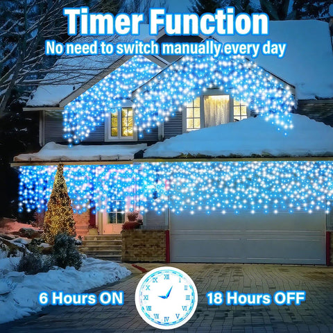 Christmas Icicle Lights Outdoor Blue & White 480 LED 50ft – 8 Modes, Timer & Memory Waterproof LED Christmas Lights for Eaves, Fences, Patios & Gardens