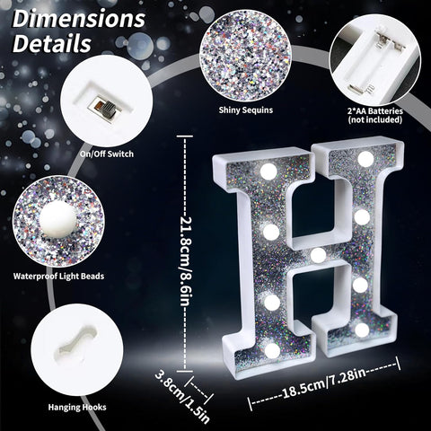 Letter H Style LED Marquee Lamp, Silver Glitter Light Up Letter Sign, Battery Powered Tabletop Decorative Marquee Light with On/Off Switch for Wedding, Birthday, Party and Home Decor