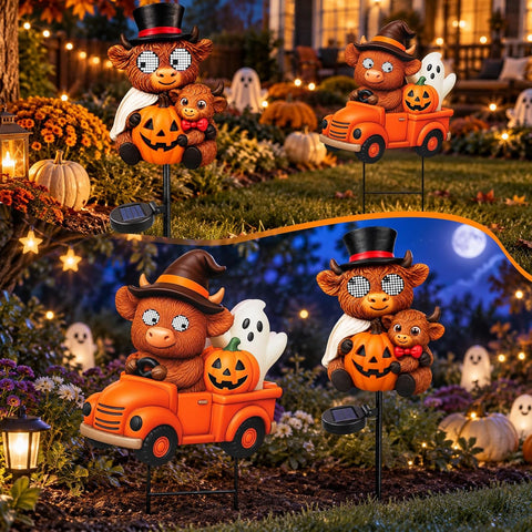 Halloween Highland Cow Solar Yard Stake Light with Moving Eyes, Waterproof Halloween Metal Yard Stake Decorations, Cute Spooky Cow Ghost Pumpkin Truck Garden Decor for Lawn Patio Pathway