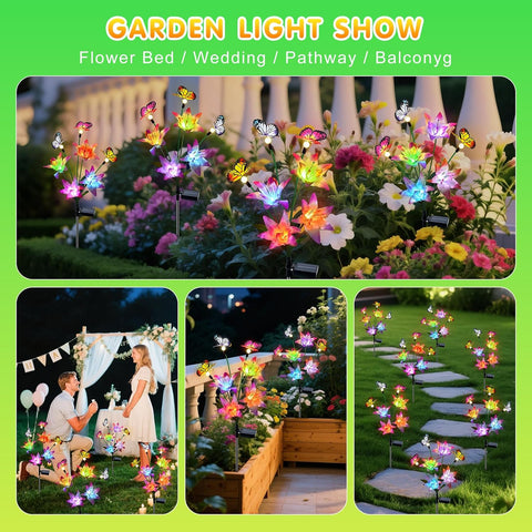 Fohil Solar Lights Outdoor Garden, 2 Pack LED Solar Flower Lights, Lily Flower Butterfly Solar Lights Waterproof Garden Ornaments Outdoor Yard, Patio, Landscape, Walkway Grave Decorations