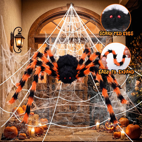 BOSONER Giant Spider Web Halloween Decorations with 50-Inch Large Spider & 16.4 × 15.7 ft Web – Outdoor Halloween Decorations for Gardens, Front Doors, Parties & Haunted Houses