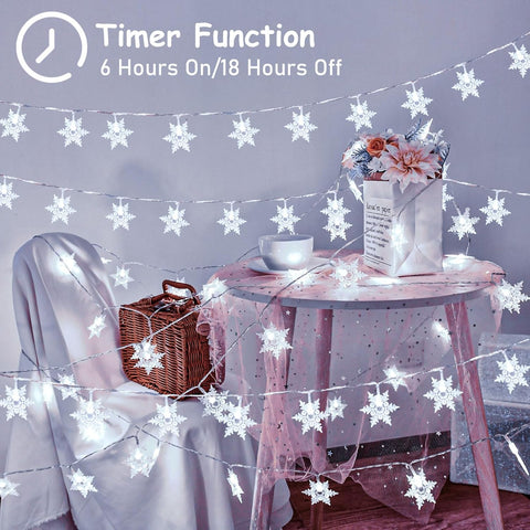 String lights with snowflake design in a room setting, featuring a table with a basket and flowers.