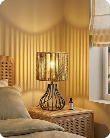 GOEBELSON Bedside Table Lamp – Black Metal Table Lamp with Hand-Woven Paper Rattan Shade, 4W 2700K LED Bulb Included, E27 Bedroom & Desk Lamp
