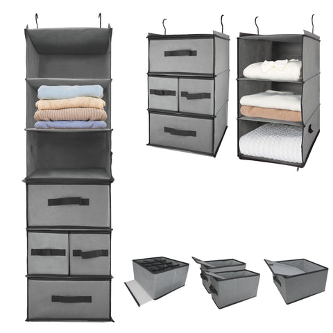 6-Tier Hanging Wardrobe Organiser with 5 Removable Drawers & 3 Side Pockets – Heavy-Duty Fabric Storage Shelves