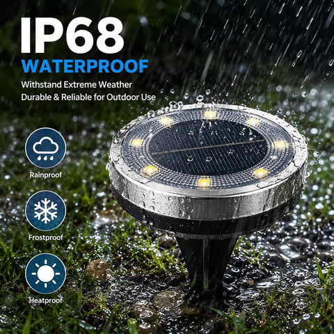 Jsdoin 6PCS Solar Floor Lights Outdoor, 8 LED Lights Waterproof Outdoor Light, IP68 Garden Light Stainless Steel Solar Lamp for Walkway, Terrace, Outdoor, Lawn, Entrance (Warm)
