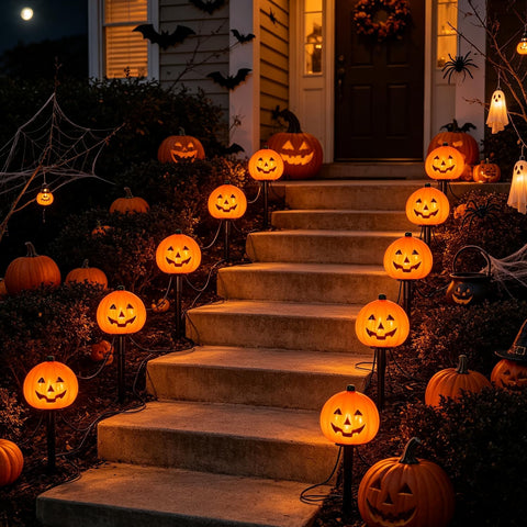 2 Sets 7ft Halloween Pathway Lights, Outdoor Pumpkin Stake Lights with 4 Jack-O Lanterns and 4 Stakes for Halloween Decorations Outdoor Walkway