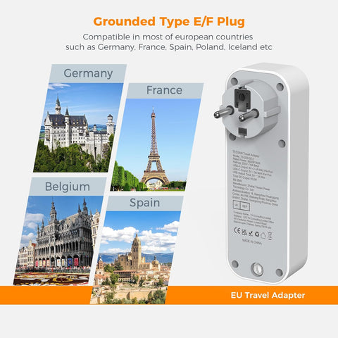 UK to EU Plug Adapter with 3 USB (1 USB-C) – Grounded European Travel Adaptor Multi Plug for Spain, France, Germany, Greece (Type E/F)