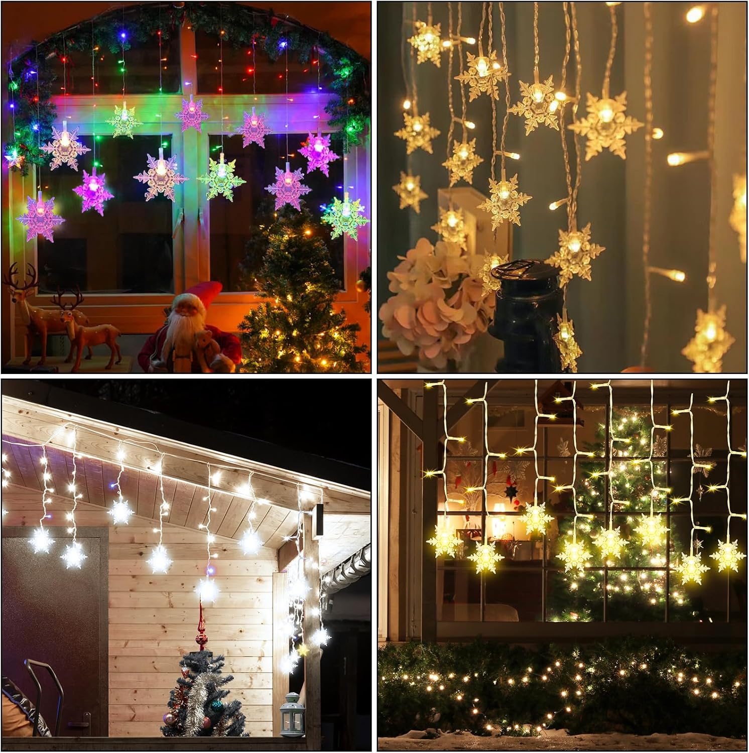 Collage of decorative string lights in various settings including a window, outdoor house, and indoor space.