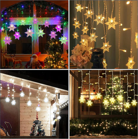 Collage of decorative string lights in various settings including a window, outdoor house, and indoor space.