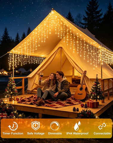 5m 200 LED Icicle Christmas Lights – Warm White Waterproof Outdoor Hanging Fairy Lights with 8 Modes, Timer & Dimmable Brightness for Roof Edges, Balconies & Patios - Give Your Home That Cosy Christmas Glow