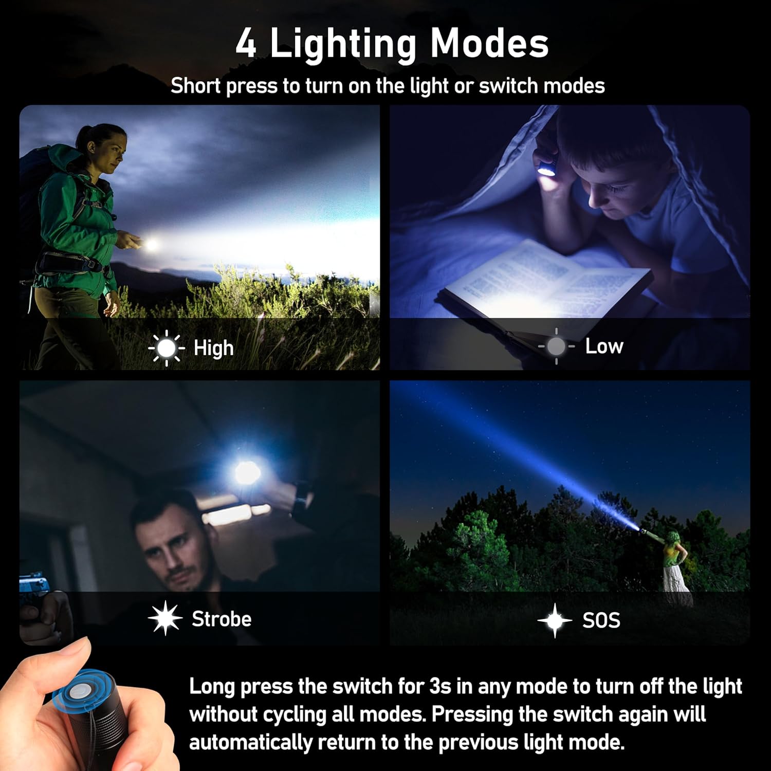 Four different uses of a flashlight with text explaining lighting modes.